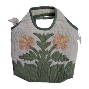 Handmade Quilted Womens Floral Hibiscus Purse Small Bag Top Handles Zipper Green